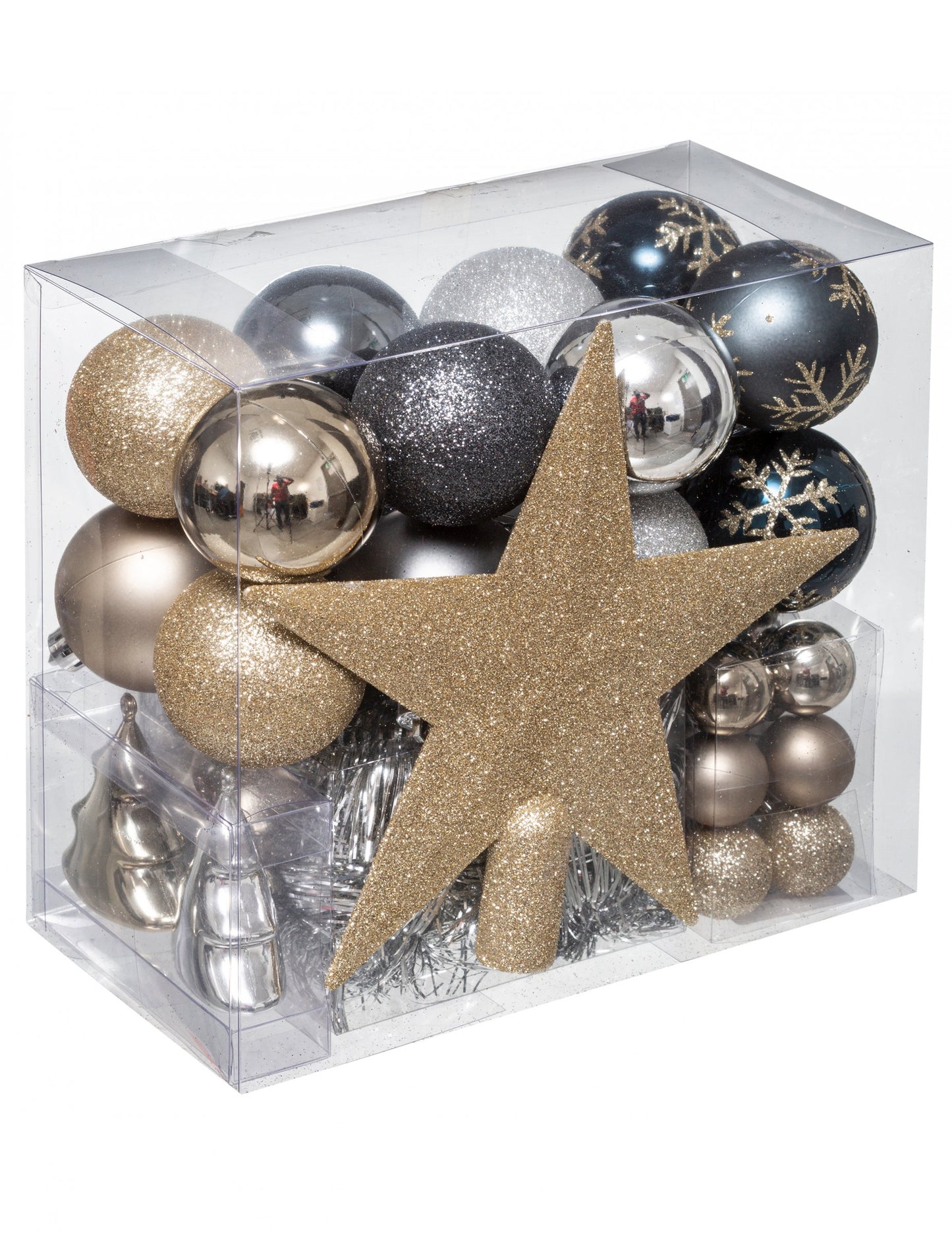 Sada zlatých a stříbrných ozdob na stromeček 44 kusů, koule a hřeben