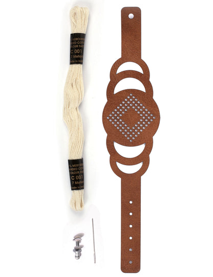 Hnědý kožený vyšívací náramek s kulatým vzorem manžety pro dospělé
