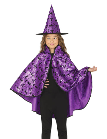 Sada s fialovým čarodějnickým pláštěm a kloboukem pro děti