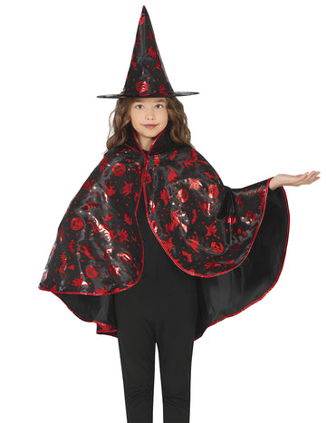 Sada černočerveného čarodějnického pláště a klobouku pro děti