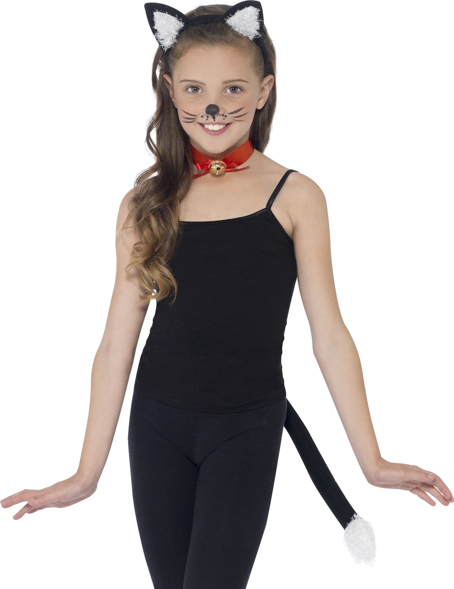 Kit chat noir pour enfant avec oreilles queue à bout blanc et collier rouge