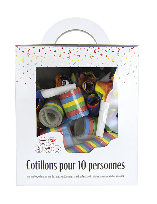 Vue de face de la boîte du kit cotillons multicolores pour 10 personnes