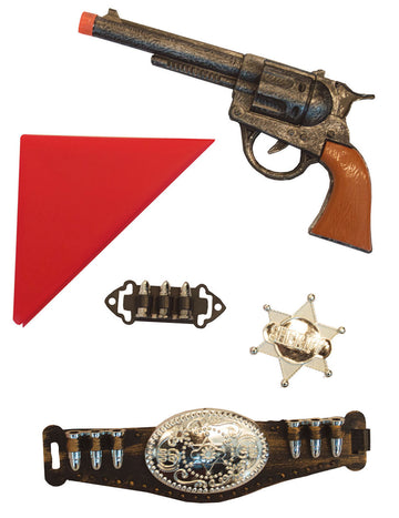 Kit 5 pièces cowboy pour enfant avec pistolet bandana rouge et étoile de shérif argentée