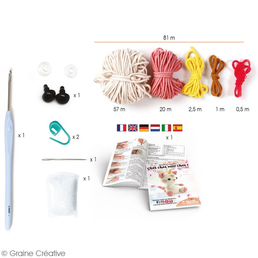 Détail du contenu et des accessoires du kit crochet amigurumi chat-licorne
