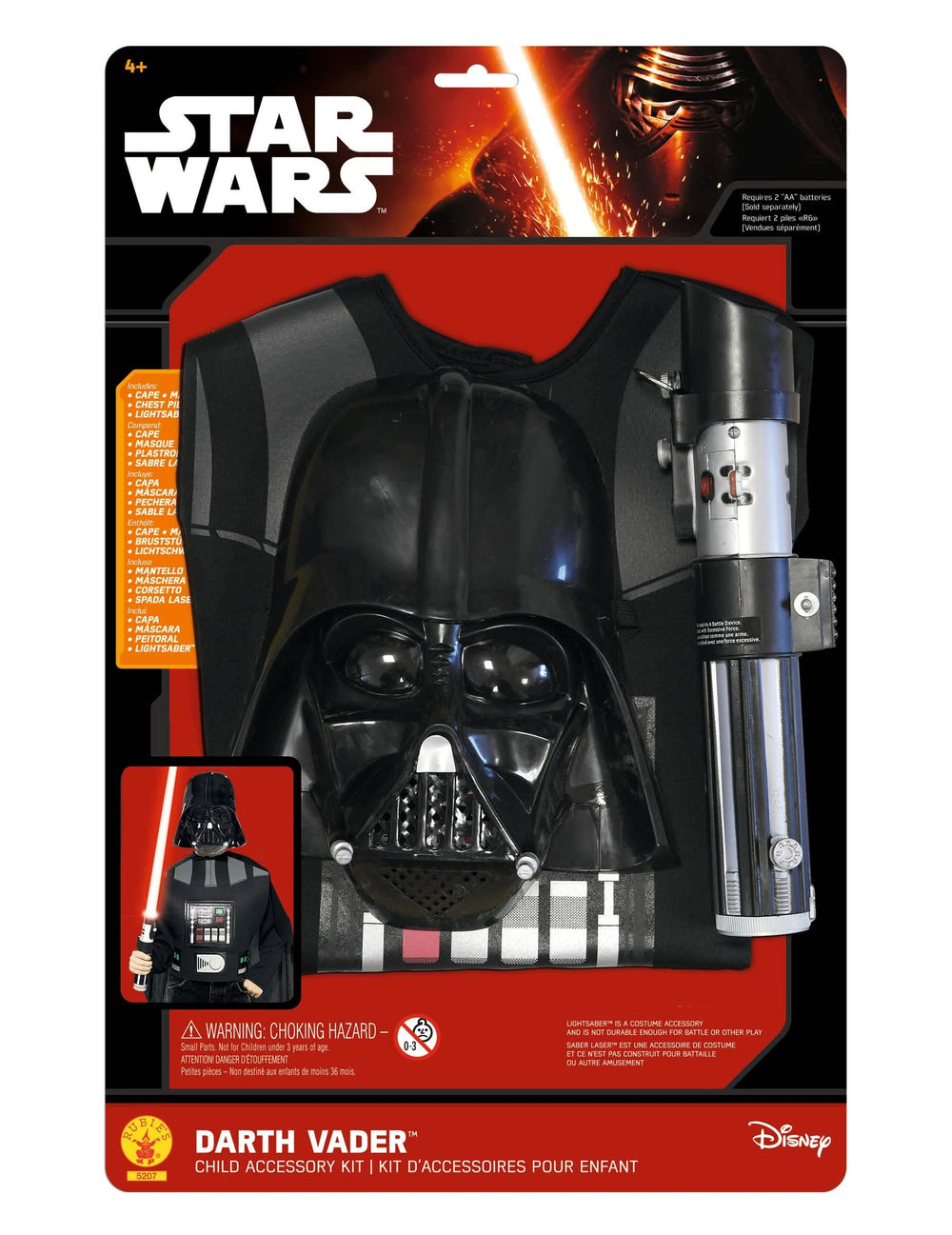 Pohled na balení s doplňky sady Darth Vader pro dítě