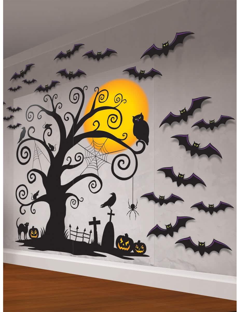 Sada nástěnné dekorace hřbitov pro halloween černá s netopýři a dýněmi