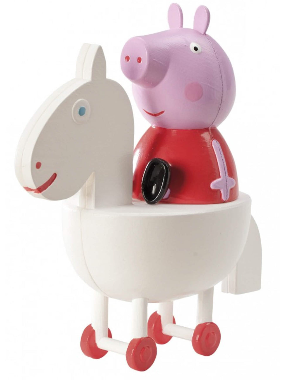 Boční pohled na figurku Prasátko Peppa na jejím bílá kůň z dekorativní sady na dort Prasátko Peppa