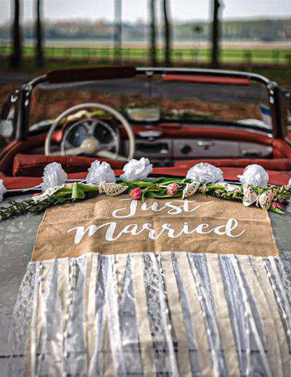 Kit Hochzeitsauto Jute und Spitze Landhausstil komplett Just Married