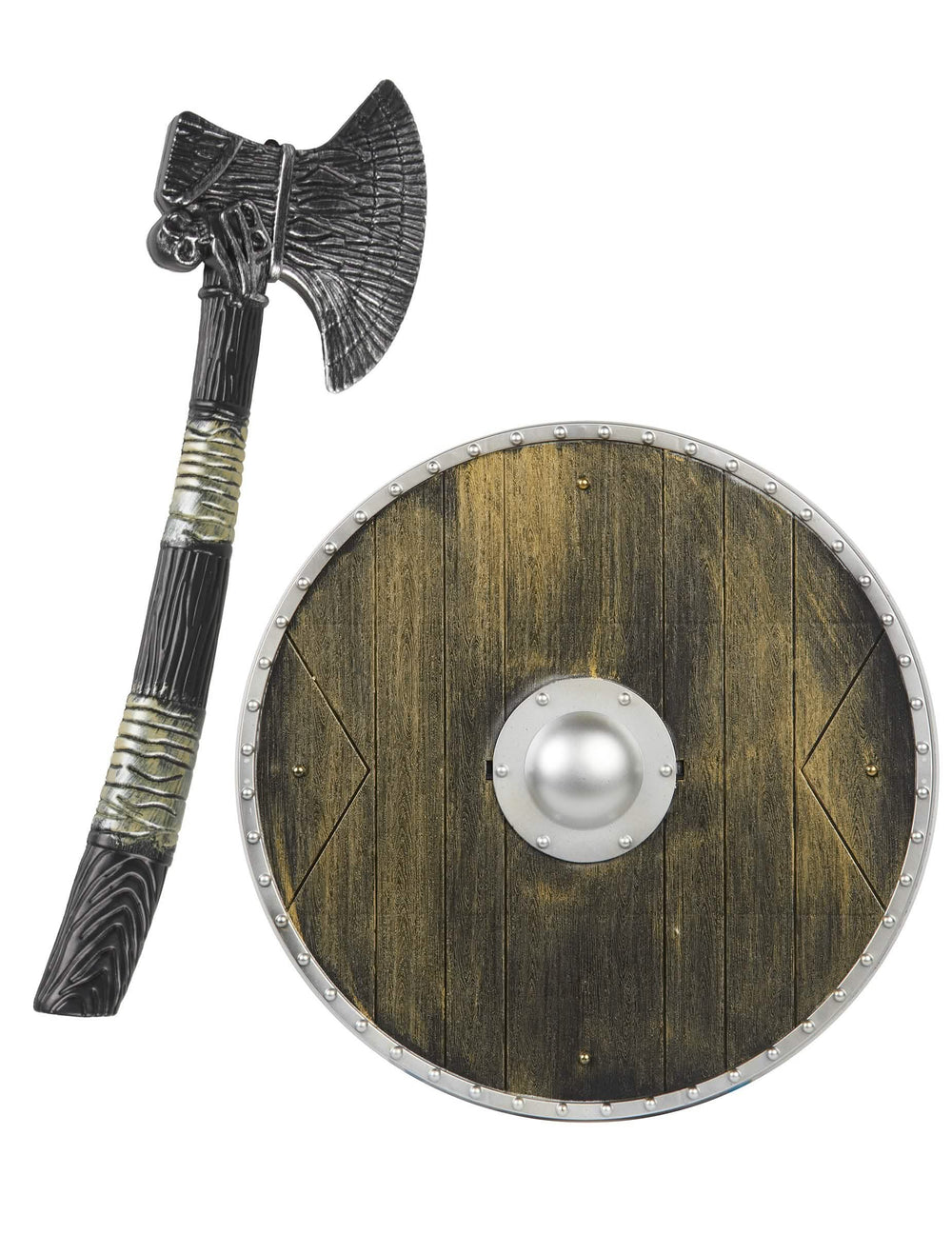 Plastová vikingská sada pro dítě s sekerou a hnědým a šedá štítem