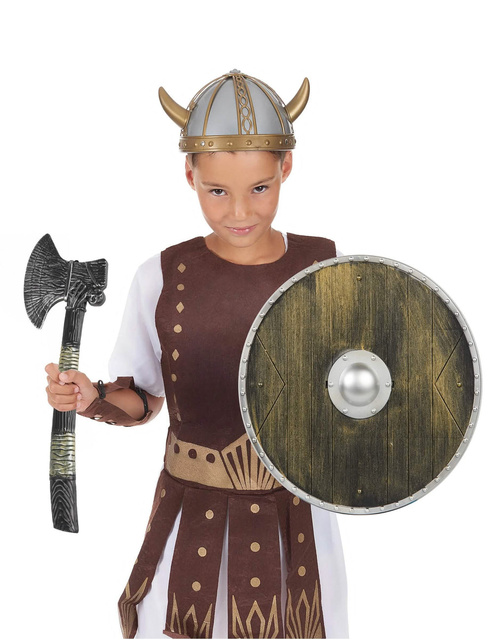 Pohled zepředu na dítě nosící vikingskou soupravu pro dítě