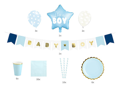 Kit décoration avec vaisselle baby shower pour garçon bleu et doré