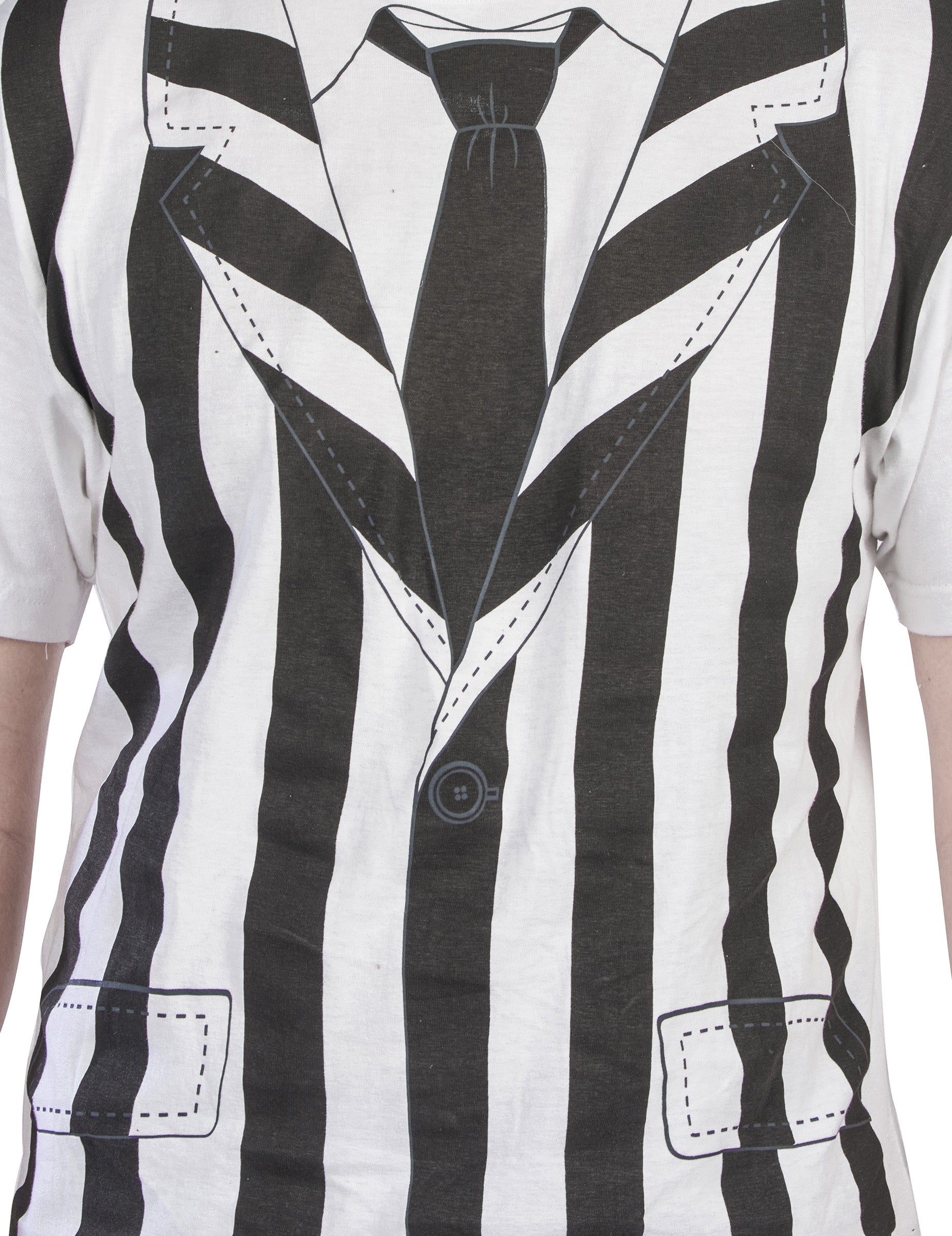 Gros plan sur l'imprimé de la veste à rayures du kit déguisement et perruque Beetlejuice