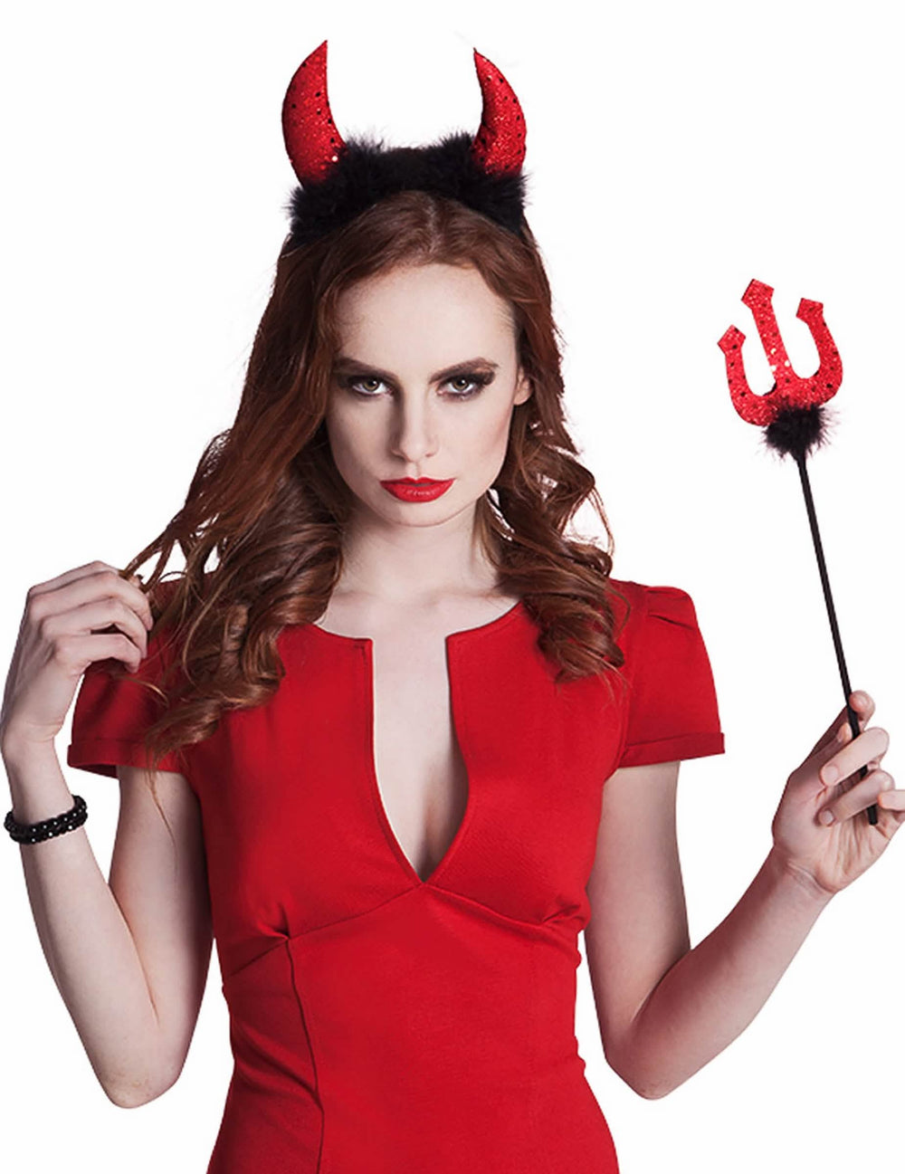 Halloweenový kostým ďáblice pro ženu červený s třpytkami, rohy a trojzubcem