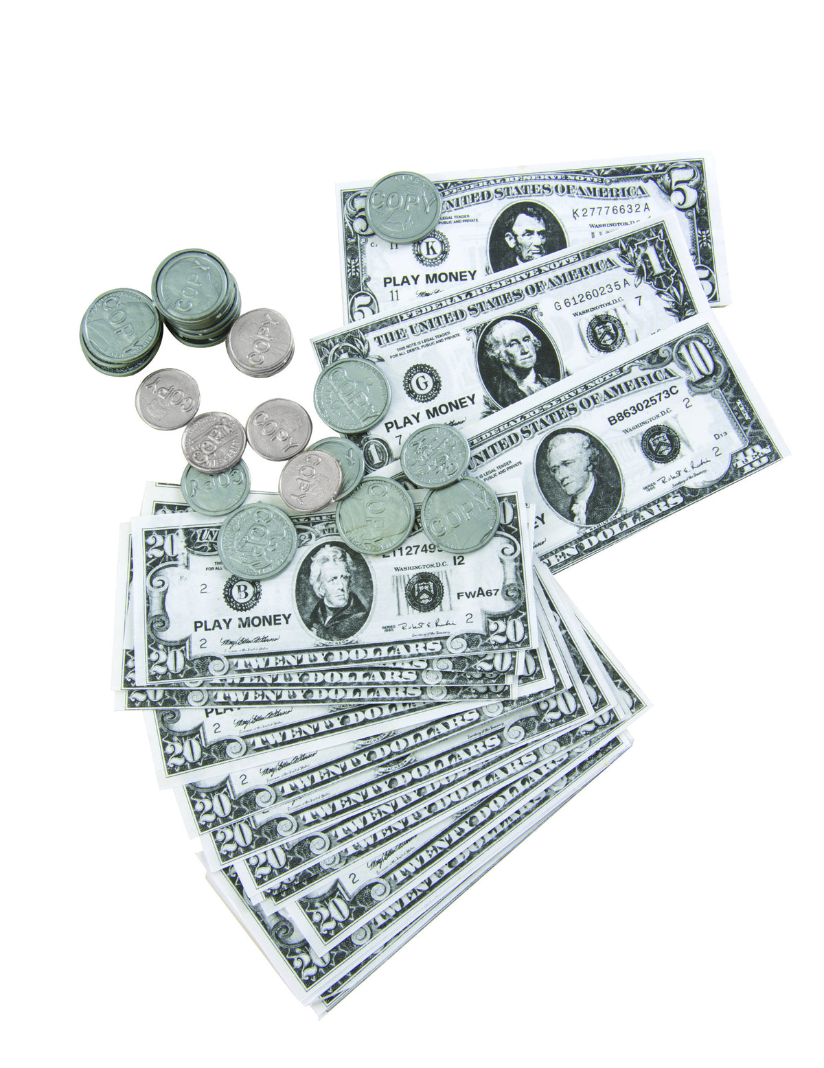 Kit dollars billets et pièces pour enfant et adulte factices verts et argentés