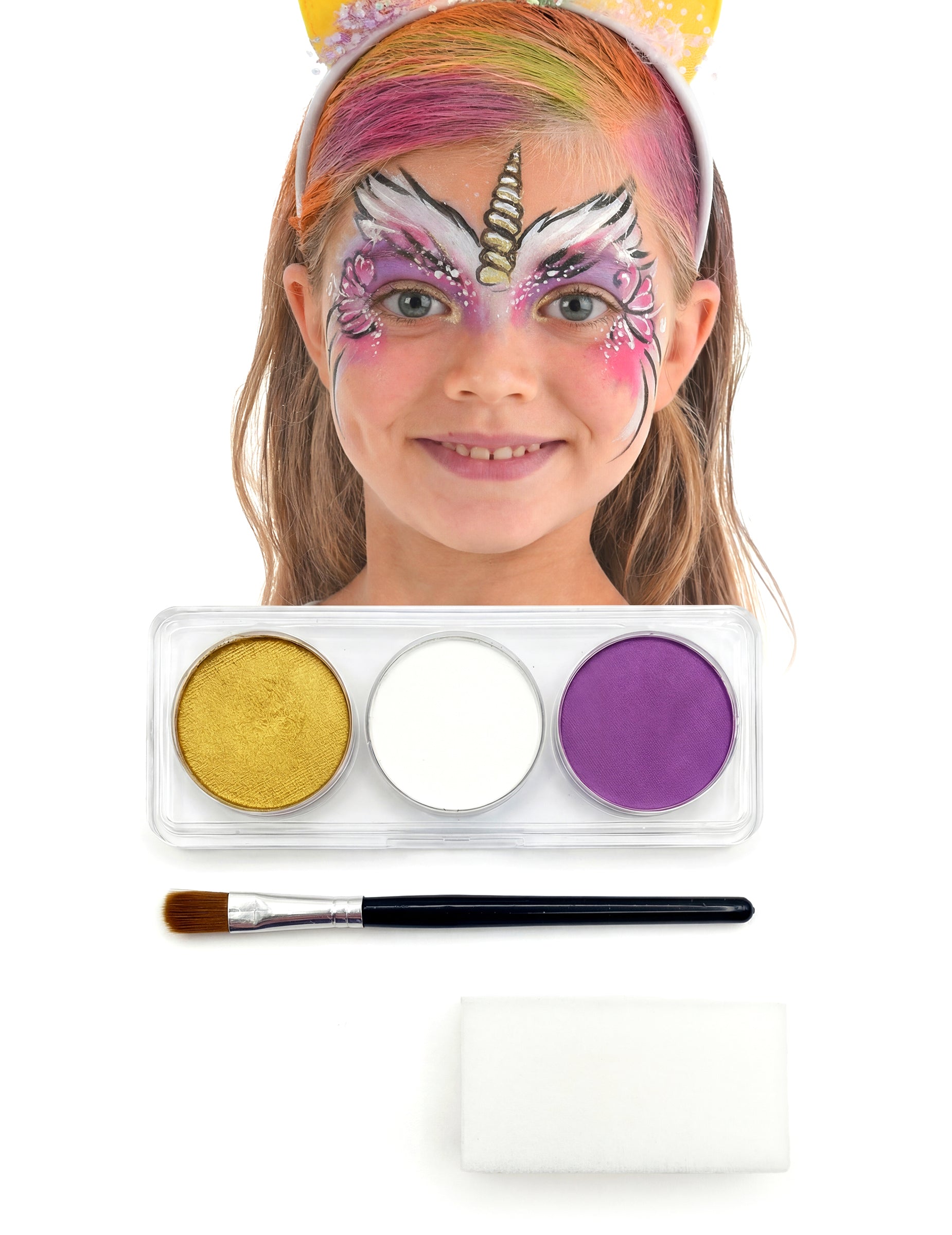 Kit maquillage licorne pour fille doré blanc et violet avec pinceau et éponge