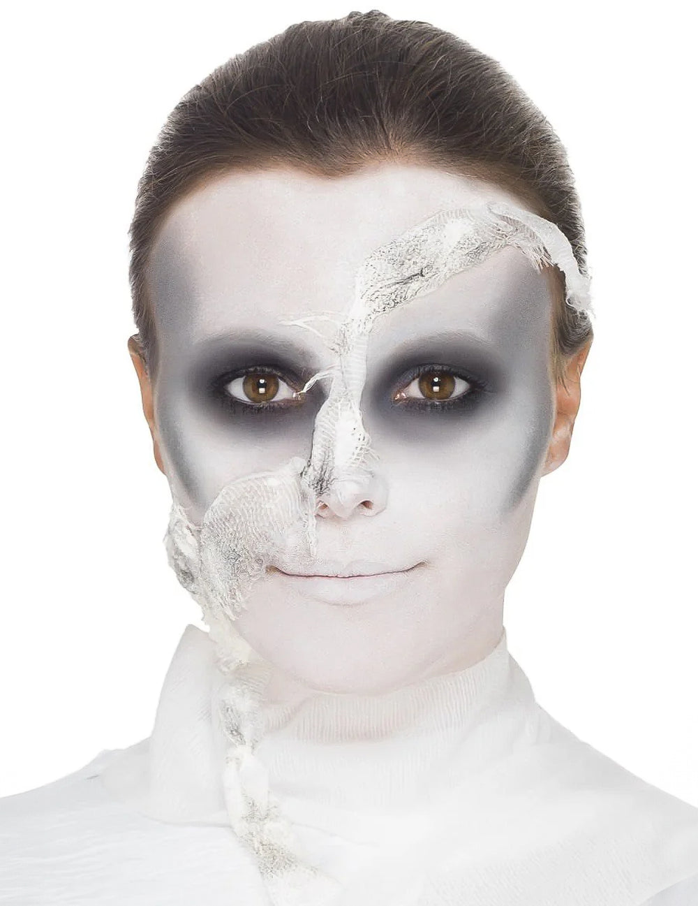 Détail de la gaze blanche effilochée du kit maquillage momie pour adulte