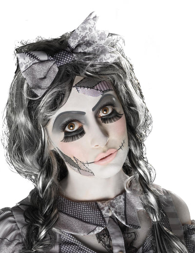 Kit maquillage poupée Halloween pour adulte gris et blanc avec cicatrices et faux cils