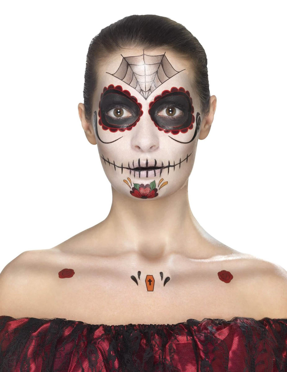 Rendu líčidla a tetování hrudníku z Kit líčidla princezna pavouk Dia de los muertos