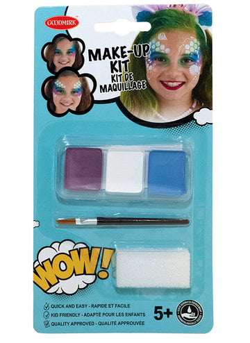 Meerjungfrauen-Make-up-Set für Mädchen mit Pinsel und Schwamm in Violett, Weiß und Blau