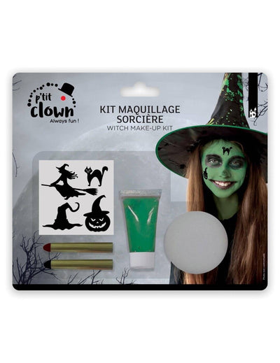 Kit maquillage sorcière pour enfant vert avec pochoirs et accessoires