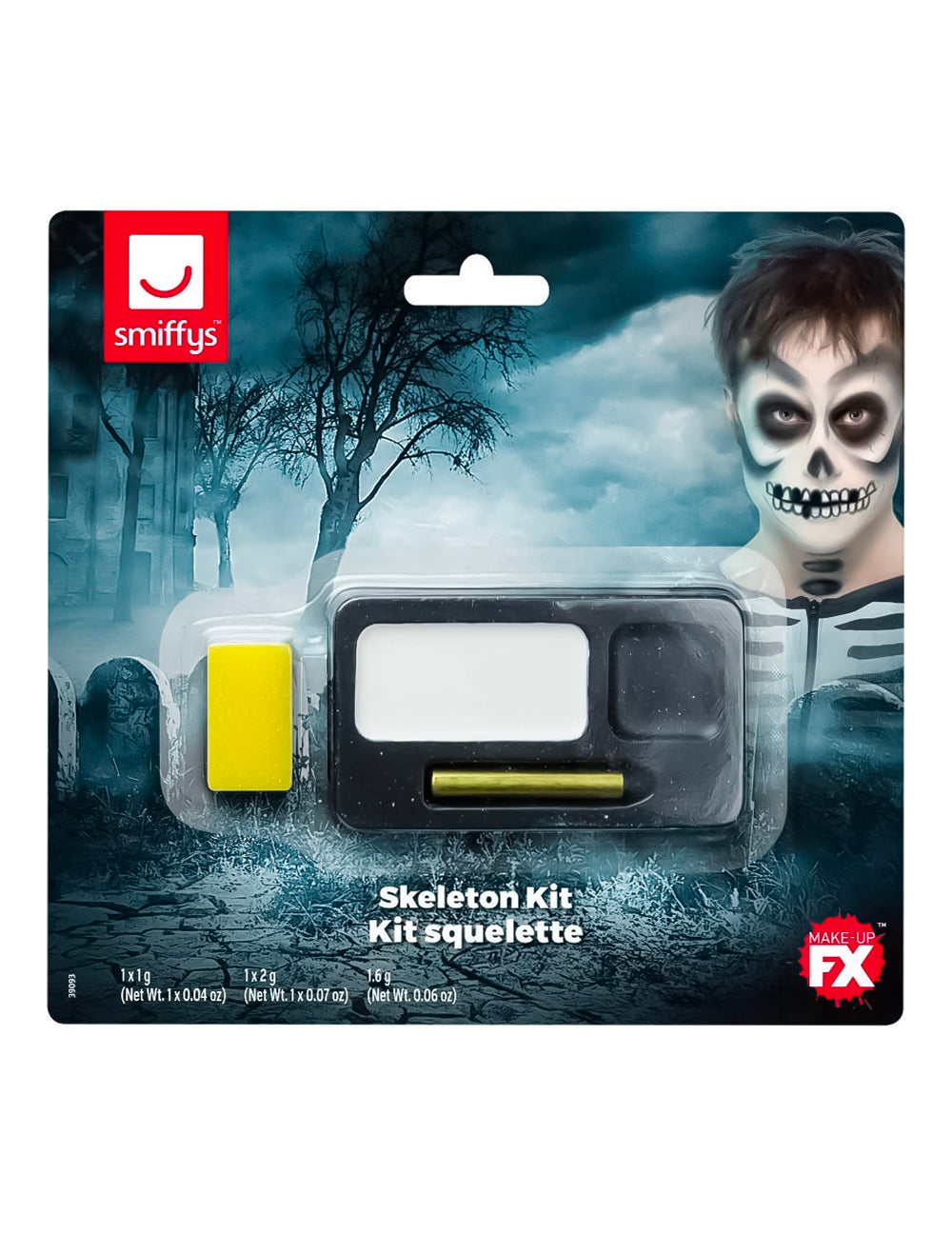 Gros plan sur le visage maquillé du kit maquillage squelette pour adulte