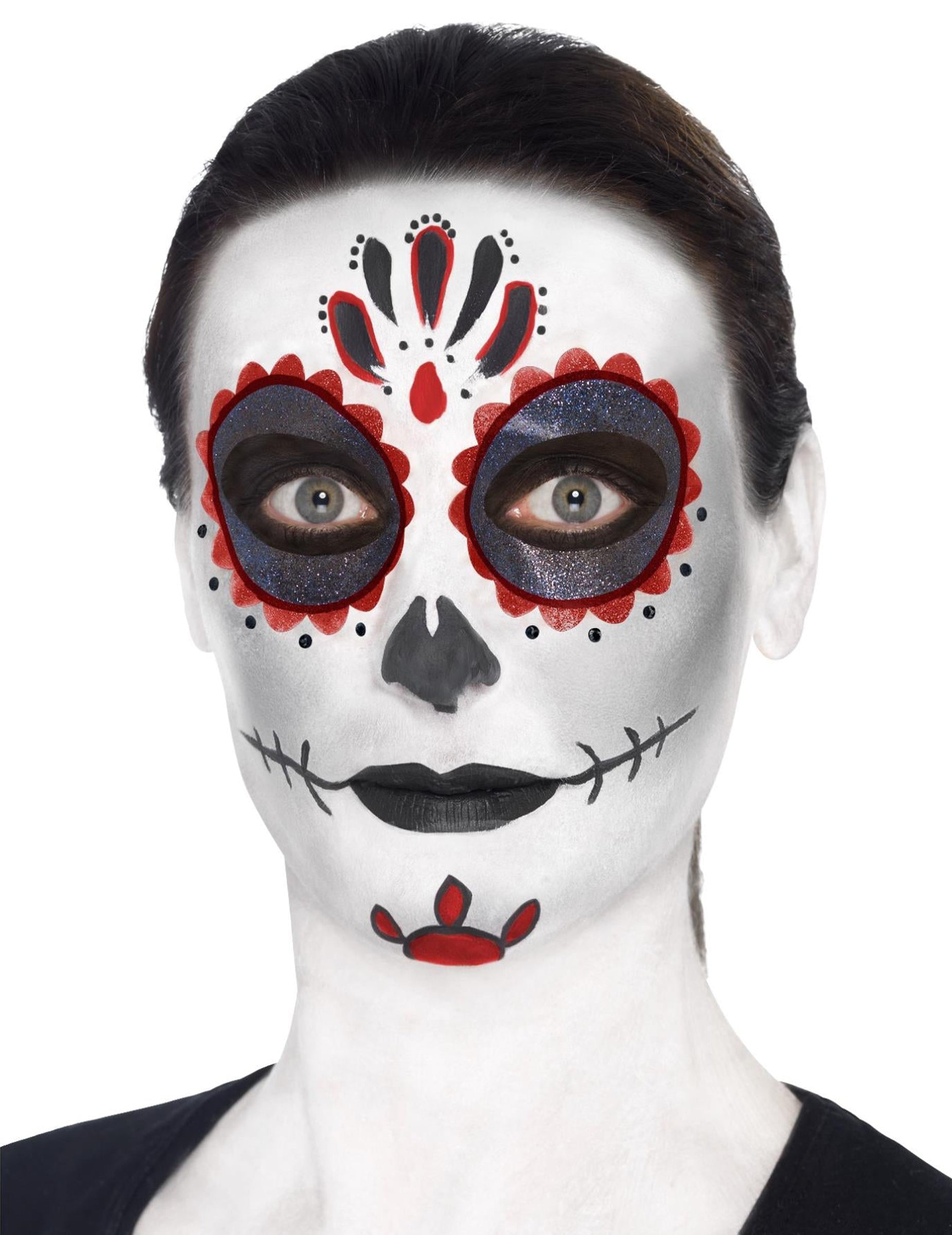 Pohled zepředu na sadu barevného kostlivého make-upu pro dospělé