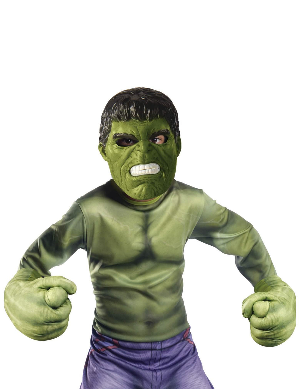 Souprava masky a obřích rukavic Hulk pro dítě zelená a fialová