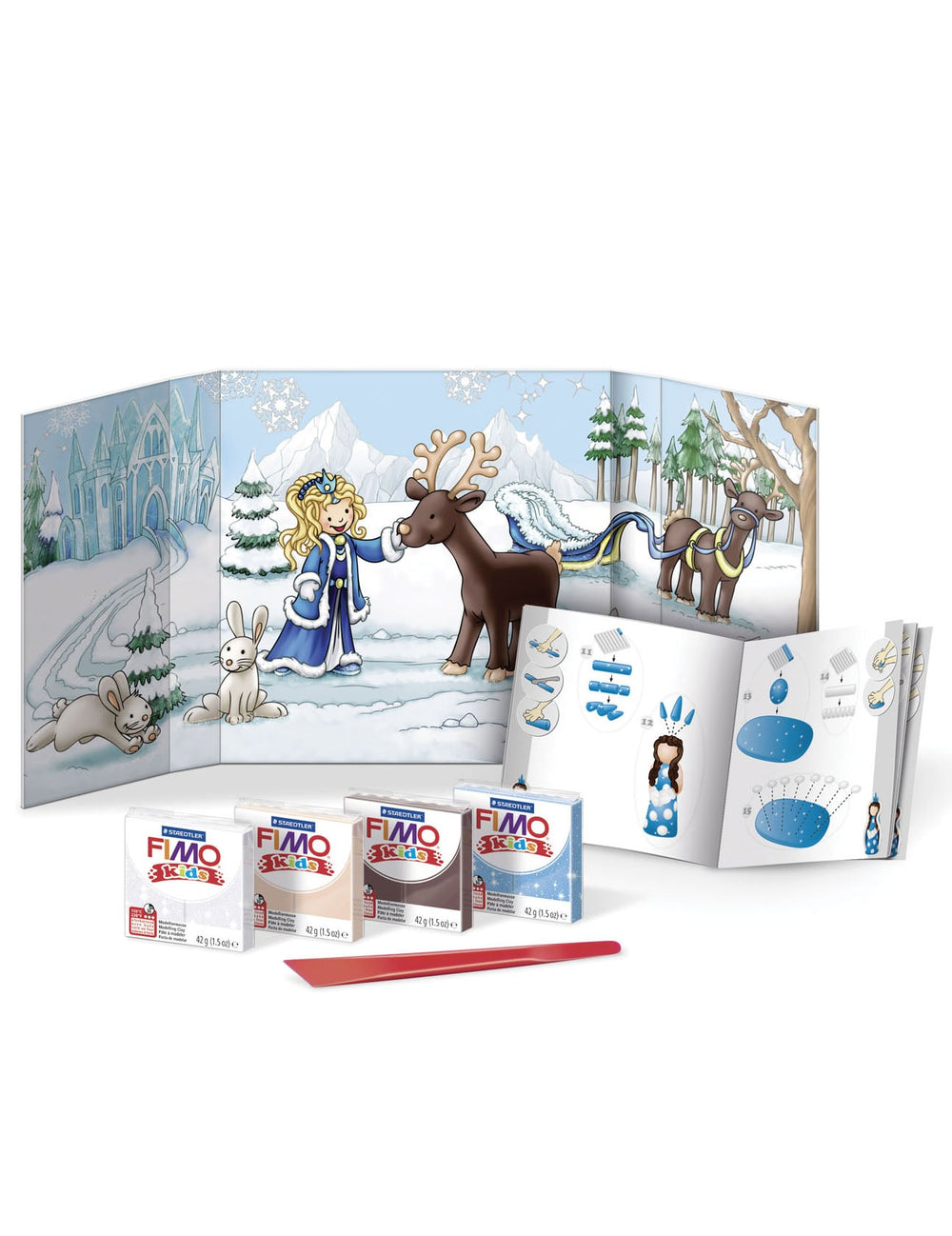 Détail du contenu avec décors et accessoires du kit pâte Fimo princesse des neiges