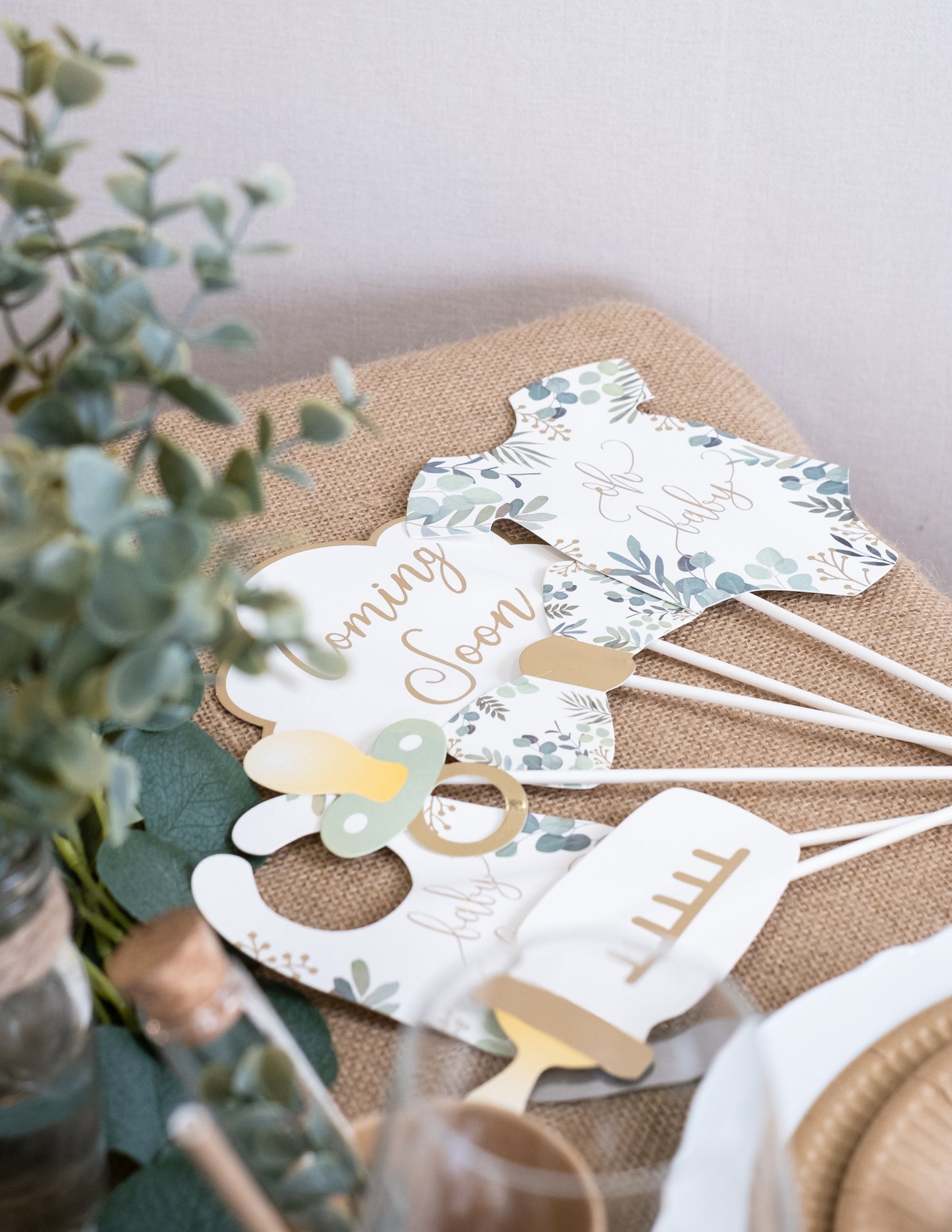 Sada 11 doplňků pro fotobudku oh baby eukalyptové zlacení a zlato pro miminko