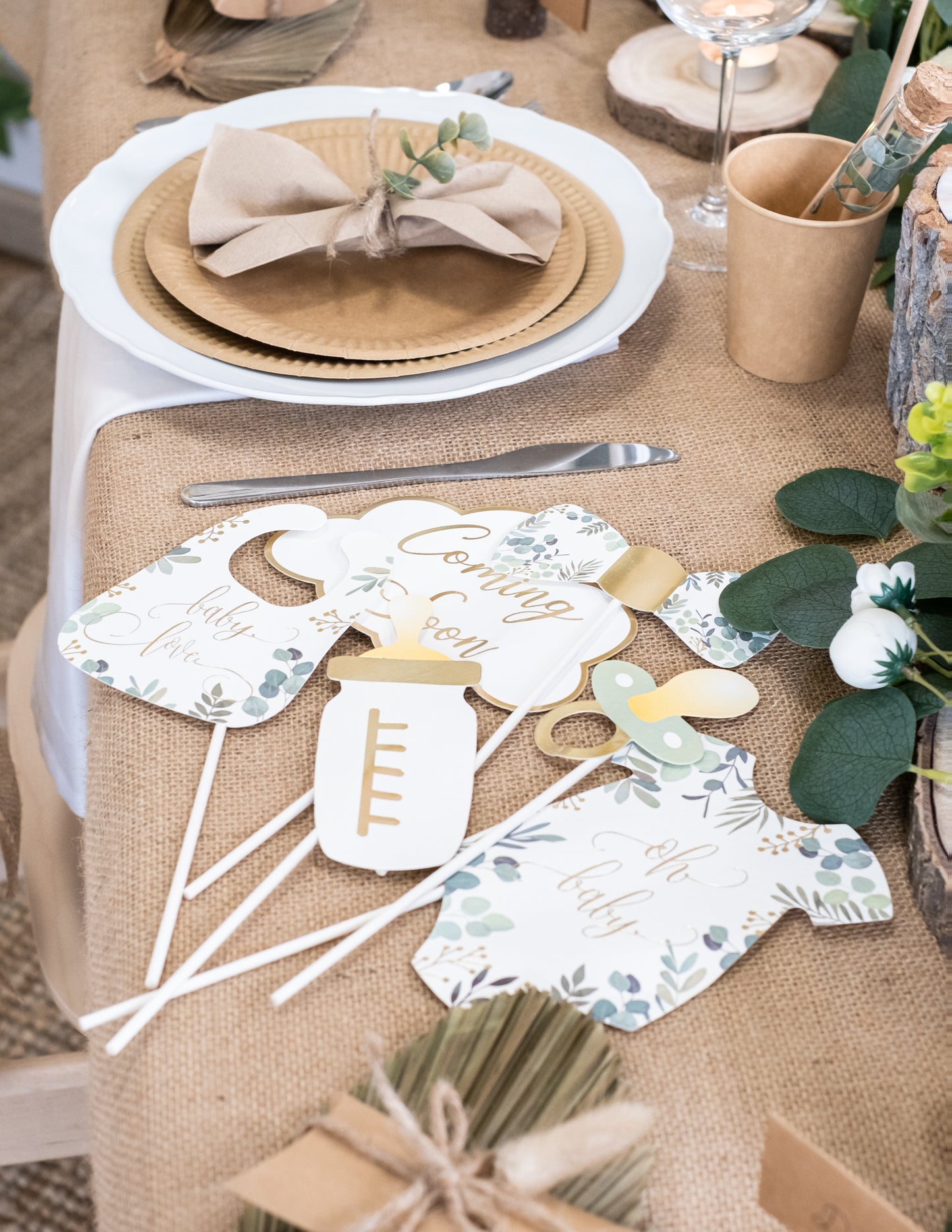 Sada 11 doplňků pro fotobudku oh baby eukalyptové zlacení a zlato pro miminko