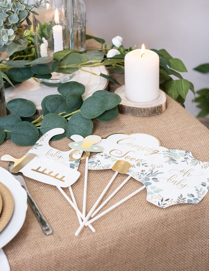 Sada 11 doplňků pro fotobudku oh baby eukalyptové zlacení a zlato pro miminko