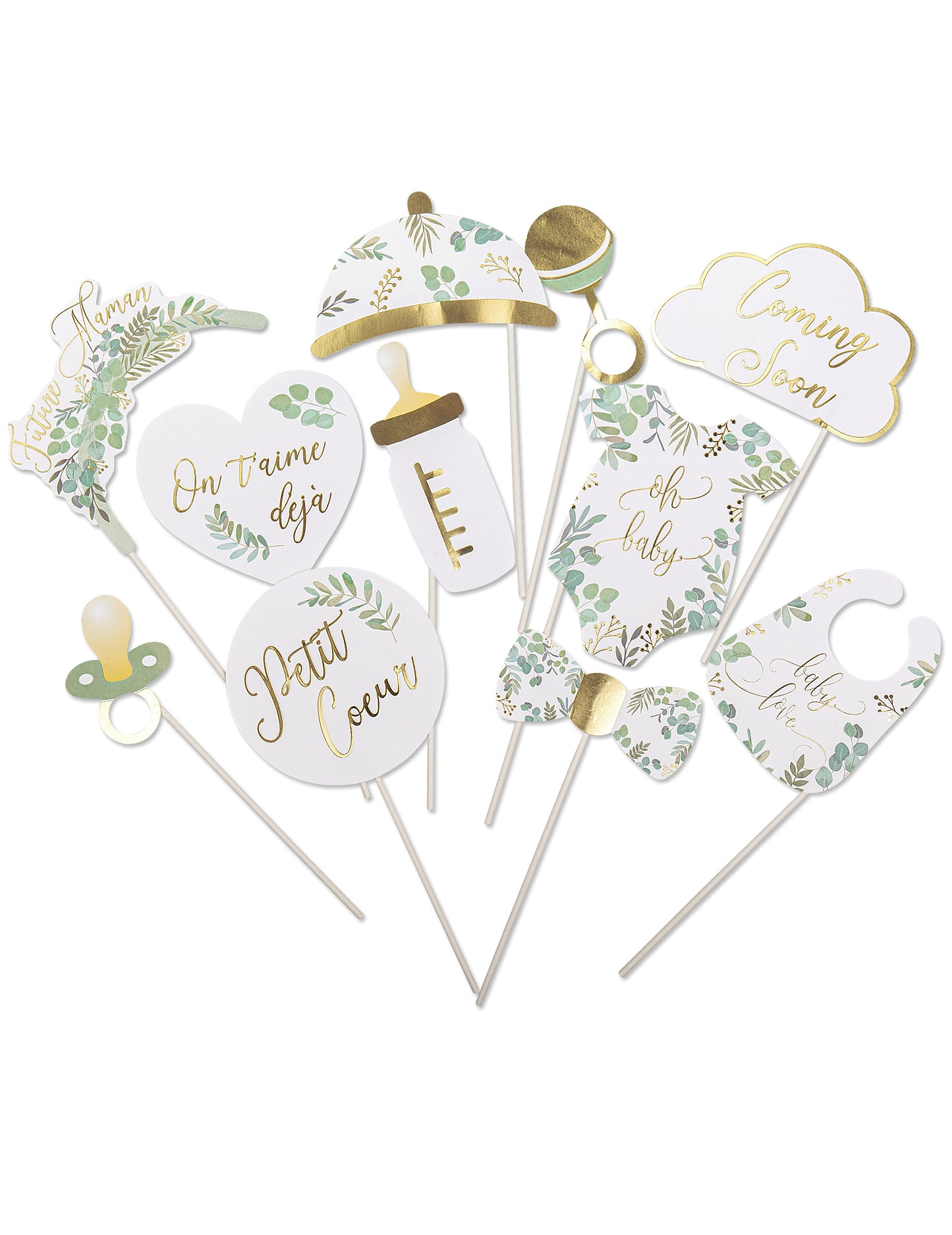 Sada 11 doplňků pro fotobudku oh baby eukalyptové zlacení a zlato pro miminko