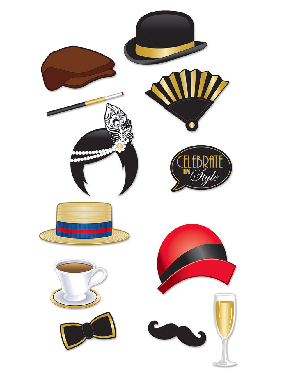 Kit photobooth années 20 pour adultes noir et doré de 12 accessoires