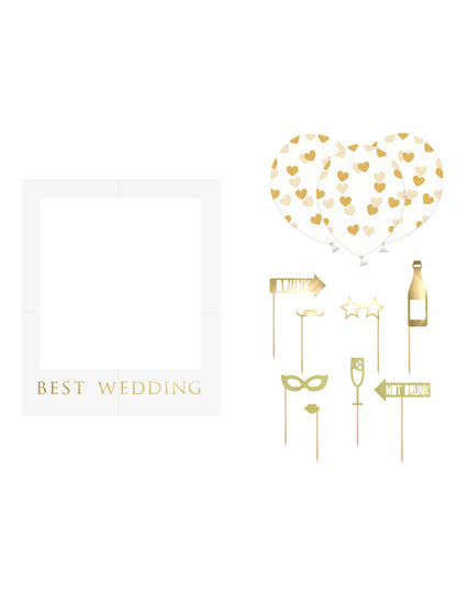 Kompletní sada bílé a zlaté svatební fotobudky 12 kusů s rámem