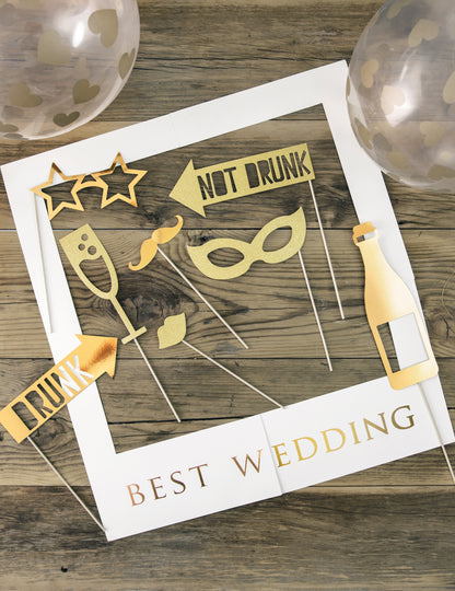 Kompletní sada bílé a zlaté svatební fotobudky 12 kusů s rámem