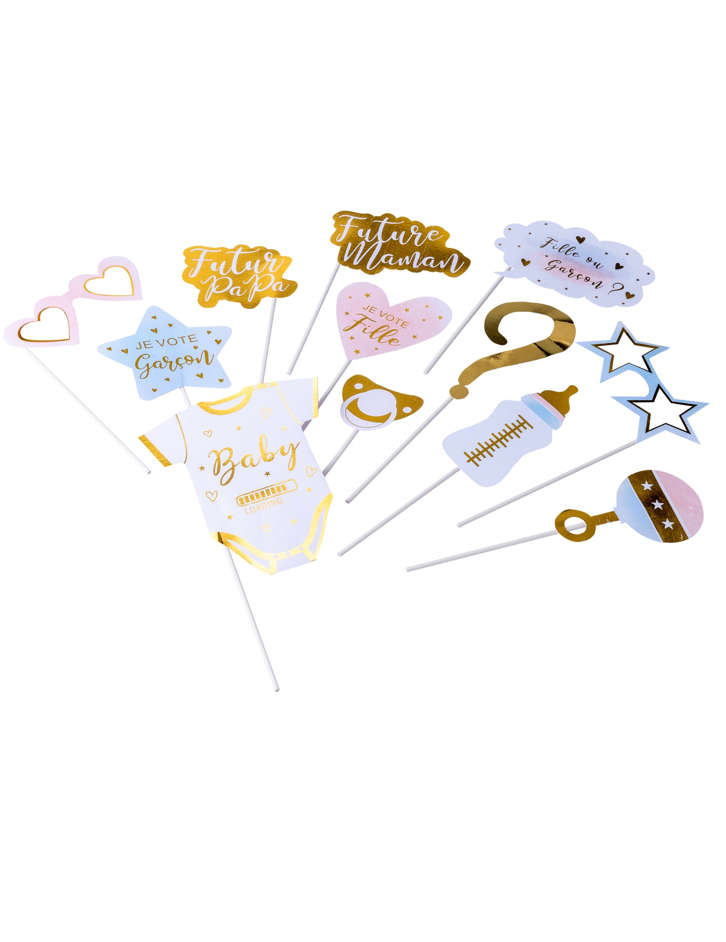 Dívčí nebo chlapecká růžová, modrá a zlatá sada fotobudky 12dílná s odhalením pohlaví