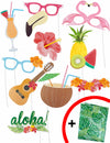 Présentation des accessoires sur table du kit photobooth Hawaï