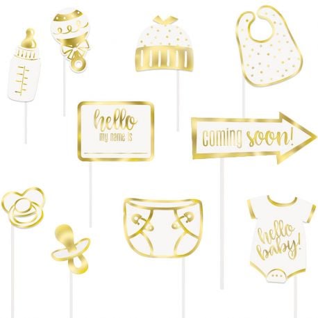 Kit photobooth hello baby pour baby shower blanc et doré avec 10 accessoires