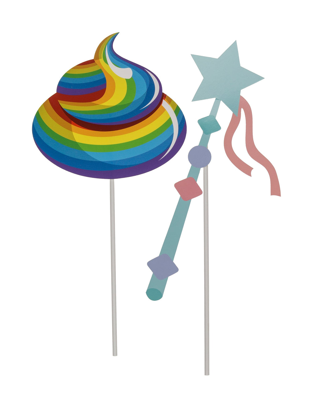 Accessoires crotte arc-en-ciel et baguette magique sur tiges du kit photobooth licorne