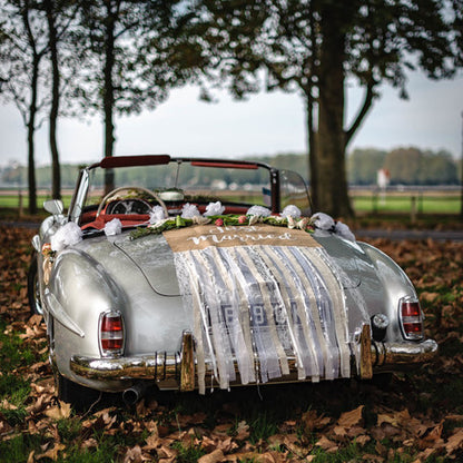 Kompletní sada do auta pro nevěstu a ženicha z juty a krajky, právě se vzali