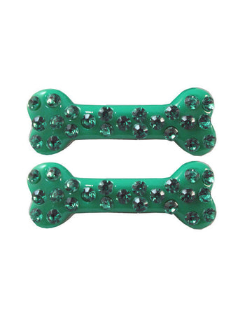 2 zelené sponky do vlasů s kamínky ve tvaru kostí 6 cm