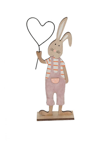 Dřevěná dekorace králík se světle růžovým srdcem 22 cm na základně