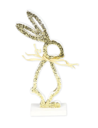 Králík na bílém dřevěném podstavci a zlatém třpytu 18 cm na Velikonoce