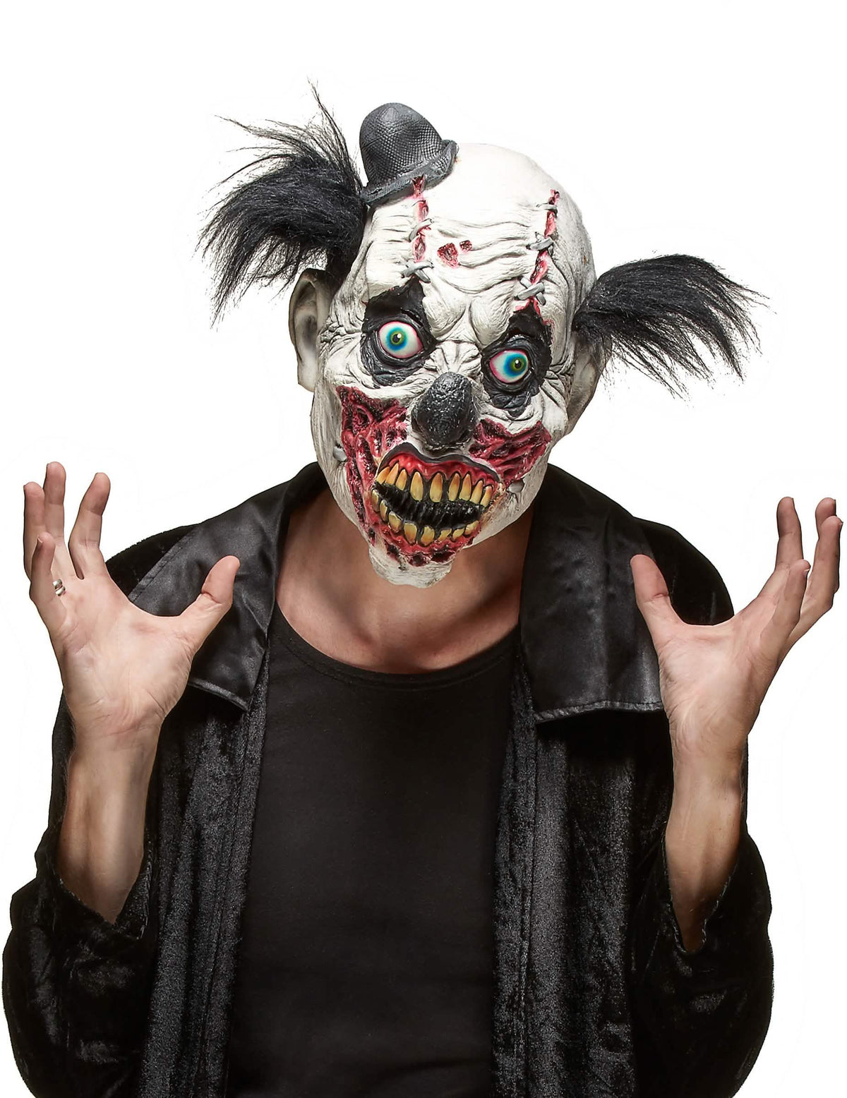 Latexová maska krvavého klauna halloween pro dospělého bílá a červená s černými vlasy