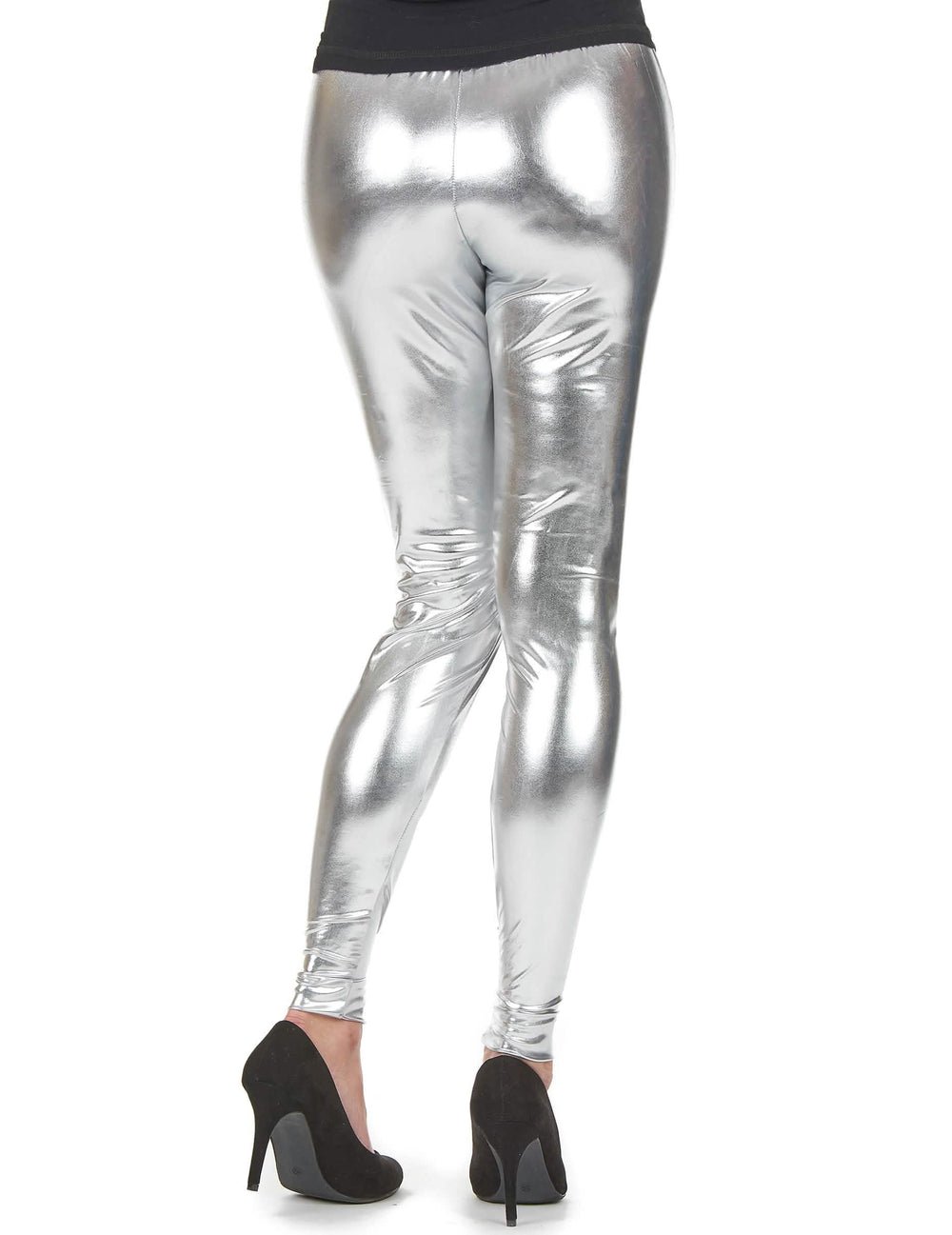 Pohled zezadu na stříbrná legging pro ženu