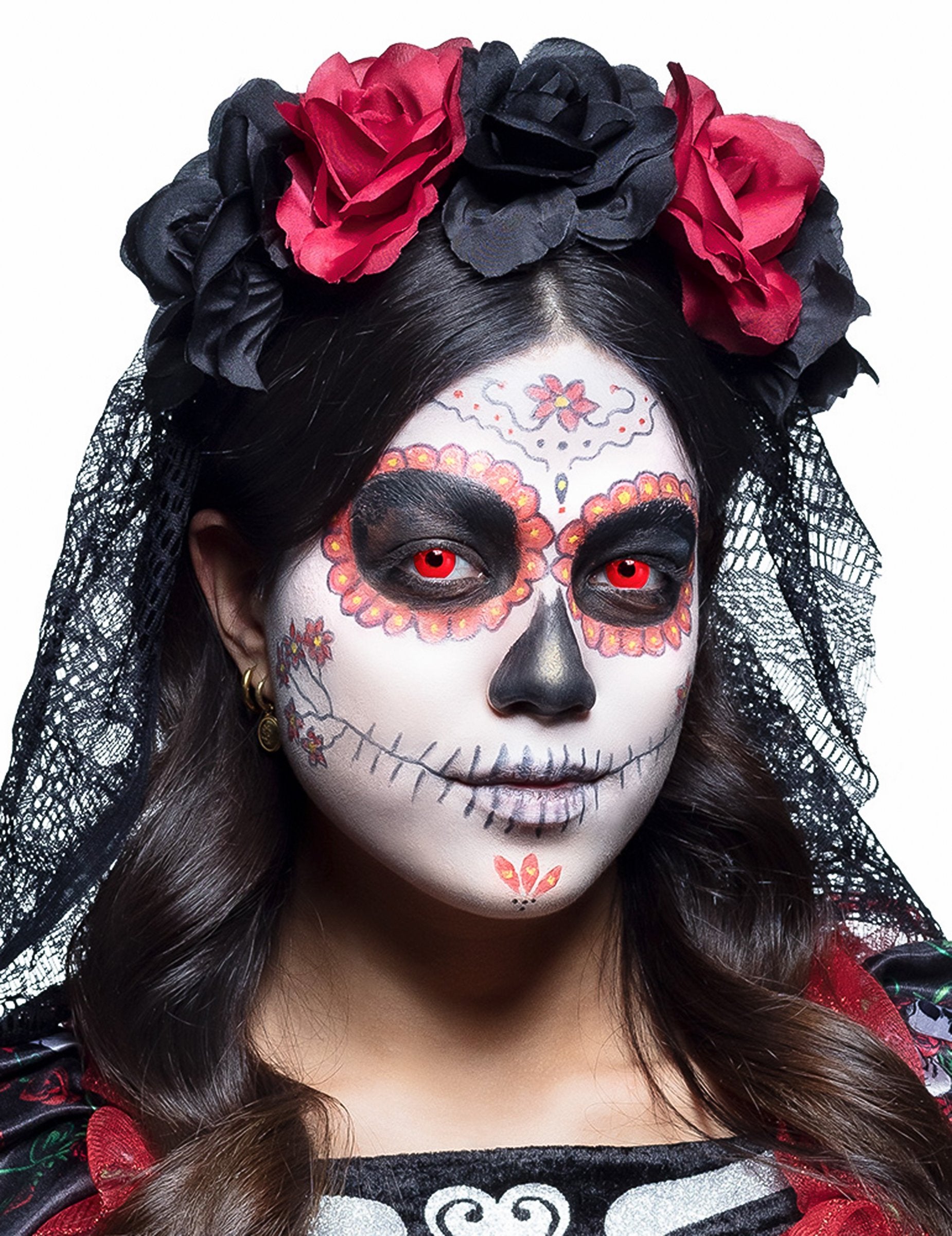 Maquillage de Dia de los Muertos avec les lentilles fantaisie UV pour adulte rouge vif