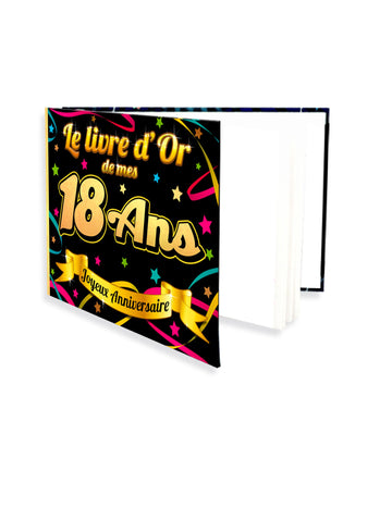 Livre d'or anniversaire 18 ans pour adulte noir et or avec motifs colorés