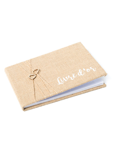 Livre d'or mariage nature en jute beige avec cœurs et écriture blanche