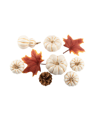 Lot 9 podzimní dekorace bílé dýně a listy