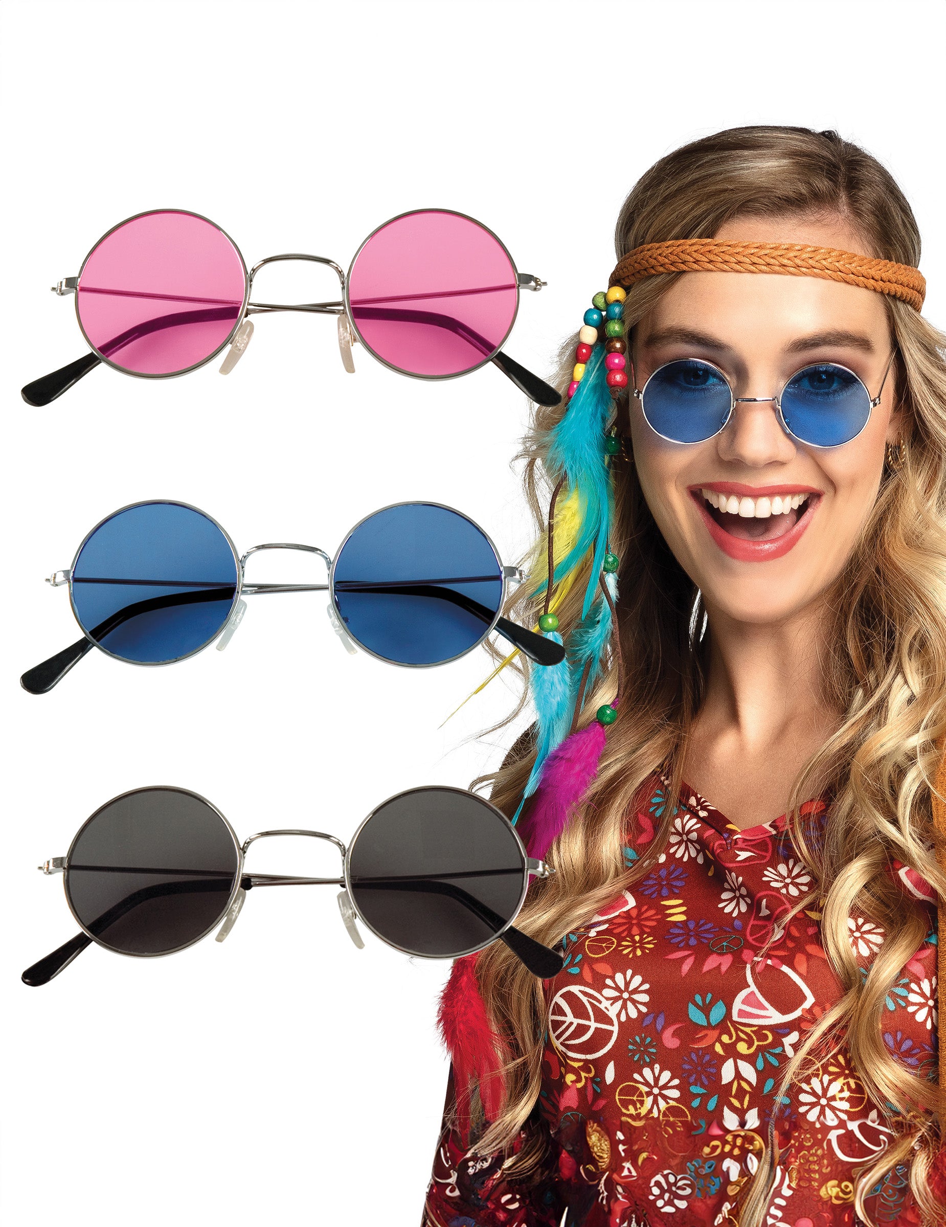 Lot de 3 lunettes rondes hippies pour adulte rose, bleu et noir